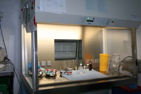 Ein Laborarbeitsplatz ist sichtbar, ausgestattet mit einem LED-beleuchteten Sicherheitswerkbank. Vor der Glasfront stehen mehrere Flaschen und Gläser auf einem Tisch. Im Hintergrund sind Notizen an der Wand und ein Bildschirm zu erkennen. Die Umgebung wirkt sauber und organisiert.