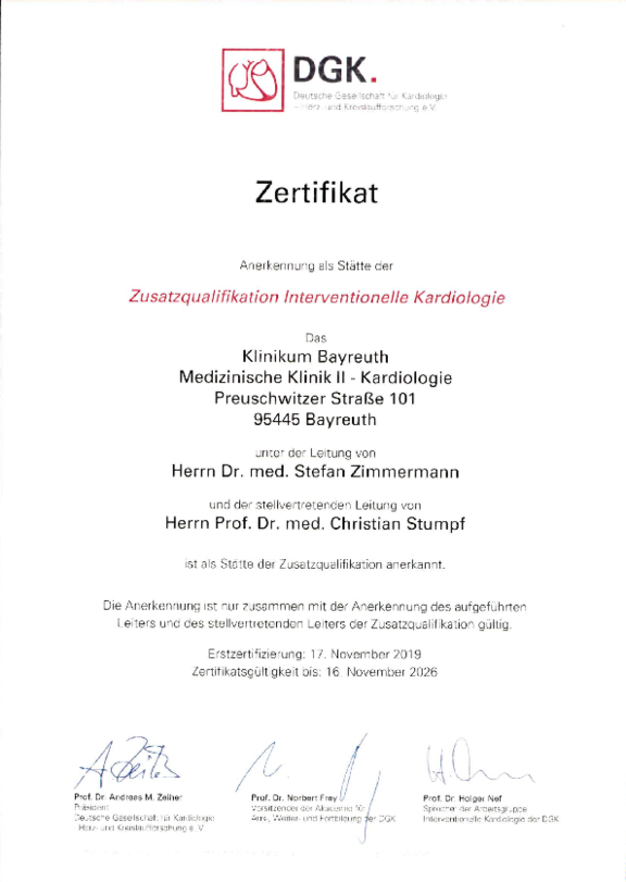 Stätte der Zusatz-Weiterbildung Invasive Kardiologie