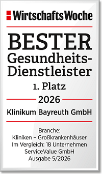 Auszeichnung der WirtschaftsWoche: Klinikum Bayreuth GmbH ist „Bester Gesundheits-Dienstleister“, 1. Platz, Jahr 2026. Kategorie: Kliniken – Großkrankenhäuser. Grundlage: ServiceValue-Vergleich von 18 Unternehmen, Ausgabe 5/2026.